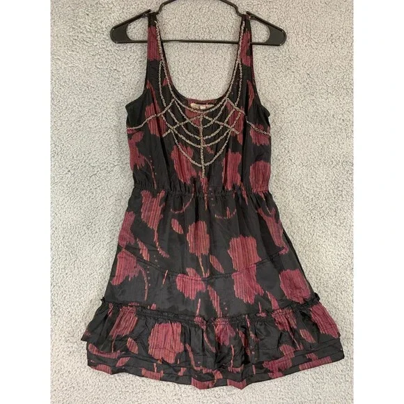 Anthropologie Ecote Beaded Tapestry Dress Red Black Floral Embellished - Picture 1 of 13
